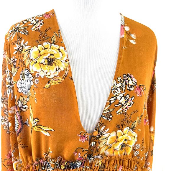 Free People Cherry Blossom Plunge Long Sleeve Mini Dress Size Medium - Picture 2 of 10